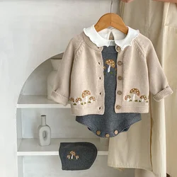 Nuovo 2024 Autunno Maglioni Del Bambino 0-3Y Carino Fungo Ricamo Ragazze Cardigan Lavorato A Maglia Cappotto Singolo Seno O-Collo Maglione Infantile Top