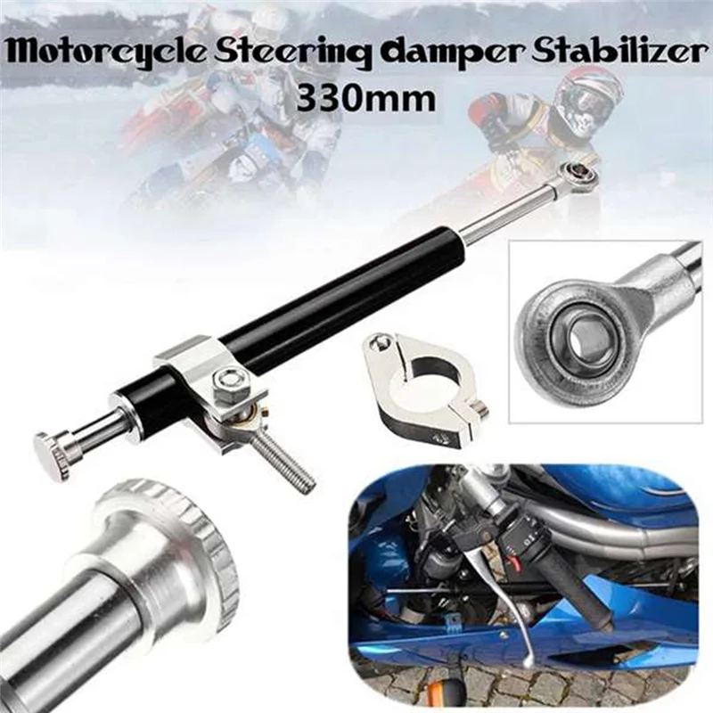 Universal 330MM Aluminum Motorcycle Steering Damper Stabilizer 6 Way Adjustable Linear Safety Control System