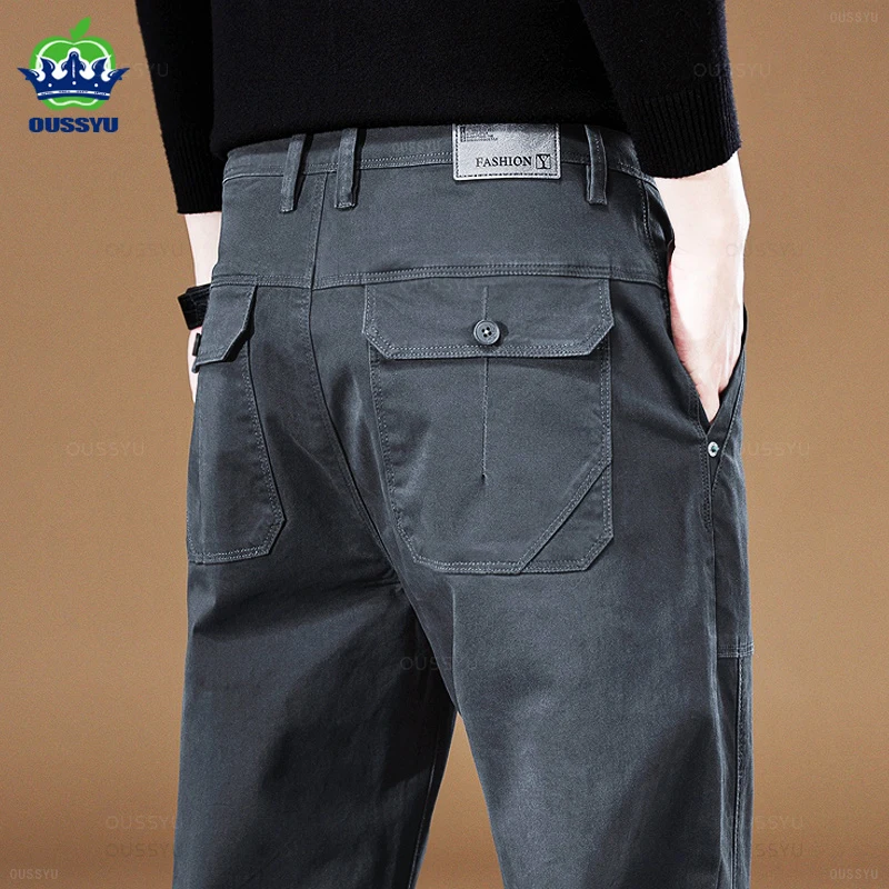 High Quality New Men's Cargo Pants 97%Cotton Solid Color Work Wear Grey Casual Pant Wide Korean Jogger Pocket Trousers Male 40