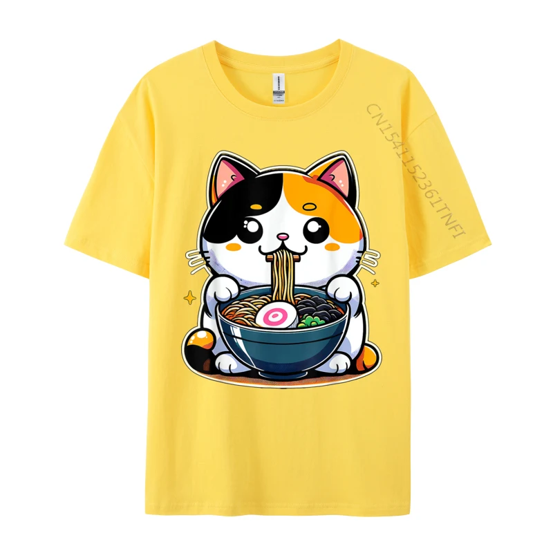 Kawaii Calico Cat Ramen T Shirts For Men Funny Tees Special Europe Tee-Shirts All Cotton Foodie T-Shirts