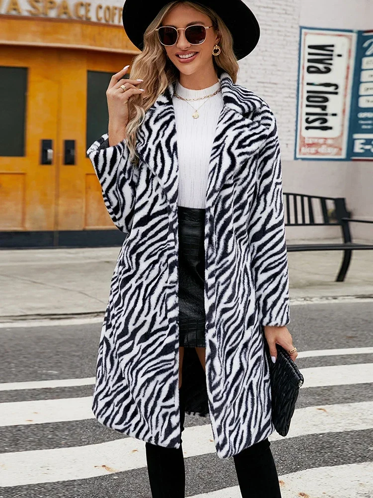 Winter Women's Warm Faux Fur Long Coat Zebra-stripe Leisure Women Shaggy Fur Jackets Thick Fluffy Luxury Bontjas Outerwear 2023