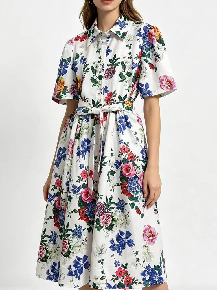 Designer Retro-Print-Kleid mit Reverskragen, einreihig, dünnem Gürtel und Taillierung, Sommer 2026, Damen-Hemdblusenkleid, modischer lockerer, flauschiger Rock