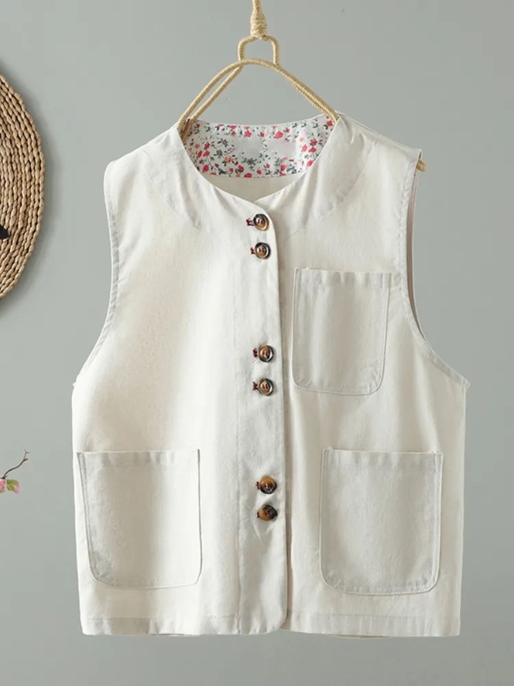 

Японский льняной укороченный топ, женский летний многослойный жилет на одной пуговице, хлопковый льняной круглый жилет Ne Top