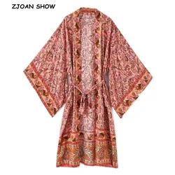 Autumn BOHO Location Floral Print Long Kimono Shirt Pink Hippie Women Tie Bow Sashes Long Cardigan Loose Blouse Tops Holiday