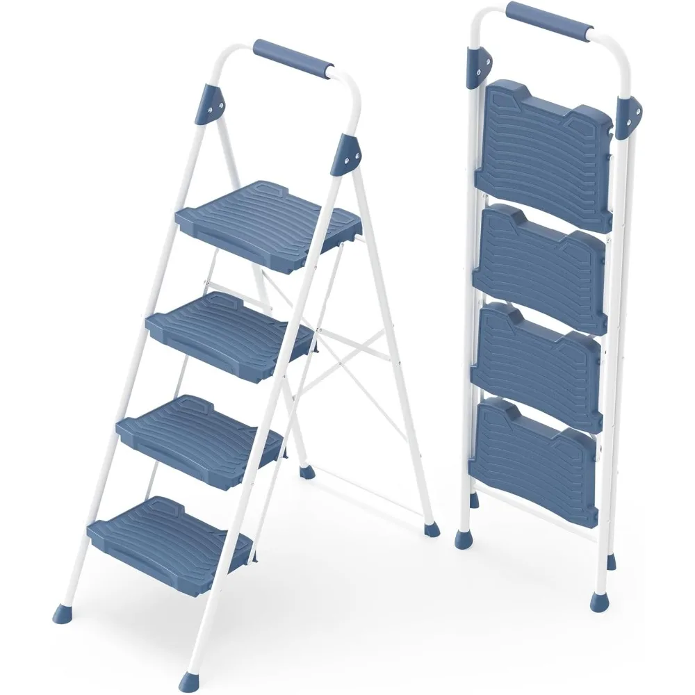 

4 Step Ladder, Sturdy Step Stool with Handrail, Anti-Slip Wide Pedals, Foldable Step Stool for Home, Garage, Garden, Blue, Safe