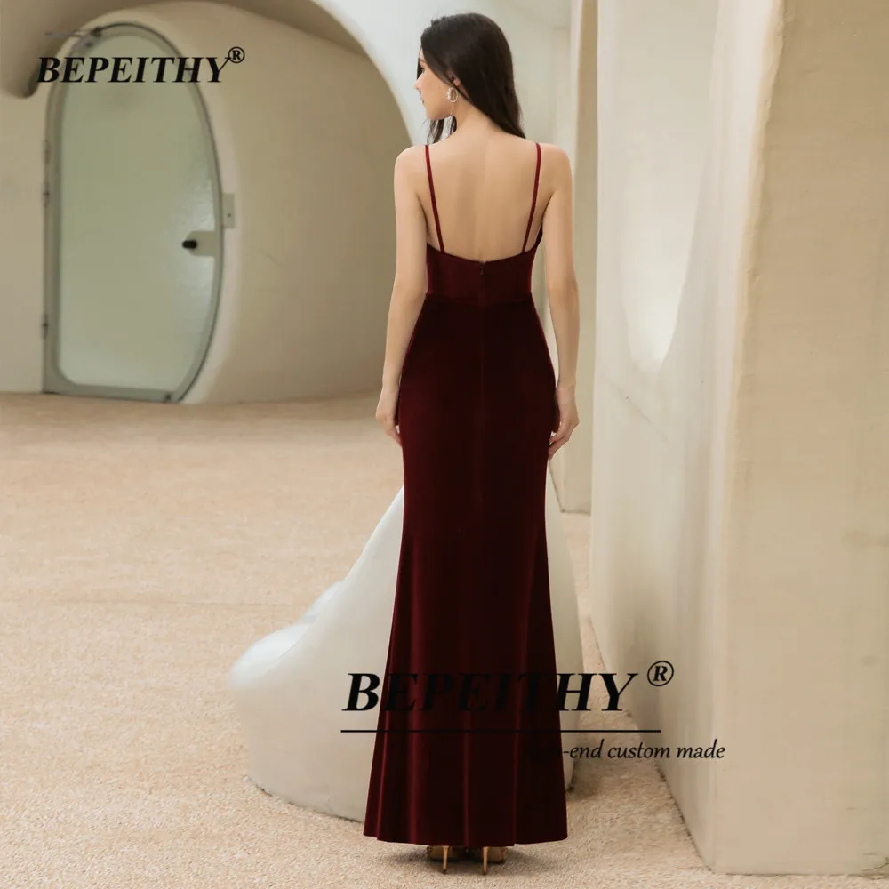 BEPEITHY Customized Burgundy Velvet Long Prom Dresses Sleeveless Sexy V Neck Mermaid Evening Party Dress Vestido De Novia 2023