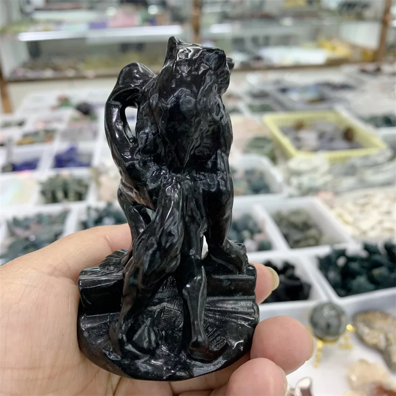 10.4cm High Quality Natural Black Obsidian Crystal Werewolf Carving Statue Healing Energy Stone Crafts For Holiday Gift 1pcs