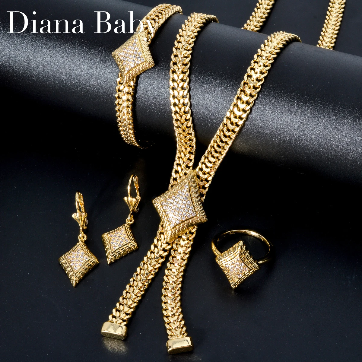 

Bohemia 4pcs Luxury Dubai earrings 14k Gold Plated Bracelet Zircon Necklace Wedding Bride ring jewelry Sets For Women Gift