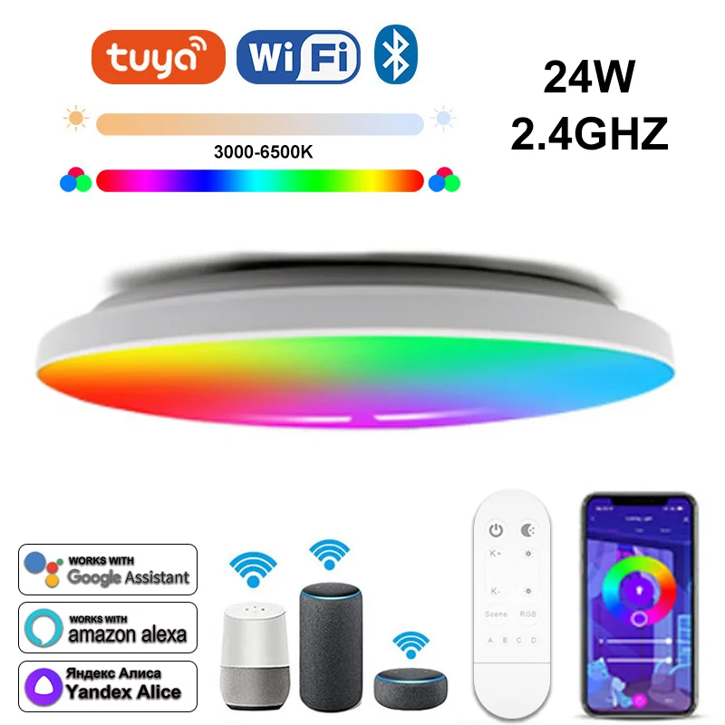 24W Tuya WIFI LED Ceiling Light RGBCW Dimmable 2.4G Remote Control Works with Alexa Google Home Bedroom Living Room Ambient Lamp