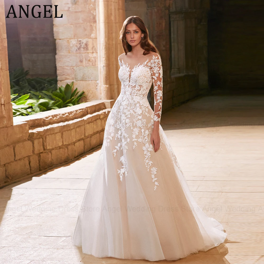 

ANGEL Romantic Wedding Dress For Bride Long Sleeves Sexy Backless Bride Gowns Lace Applqiue A-Line Princess vestidos de novia