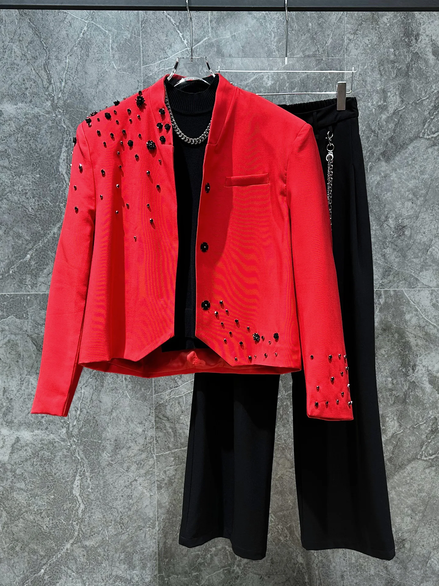 

Red ort Heavy Bead Jaet Chinese Sle Men's Faion Outerwear Youth Loose Fit Long Sve Button up Pure Color Jaet