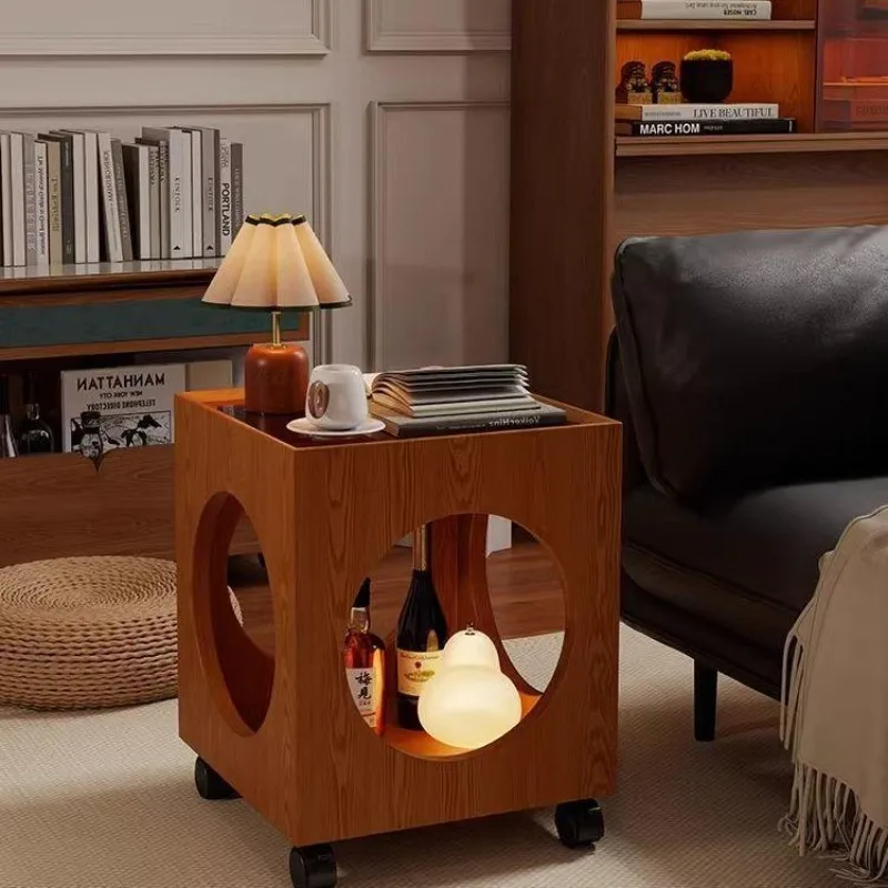 Middle ancient movable solid wood small table tea edge sofa bedside corner brown glass top table cart storage shelf Nightstand