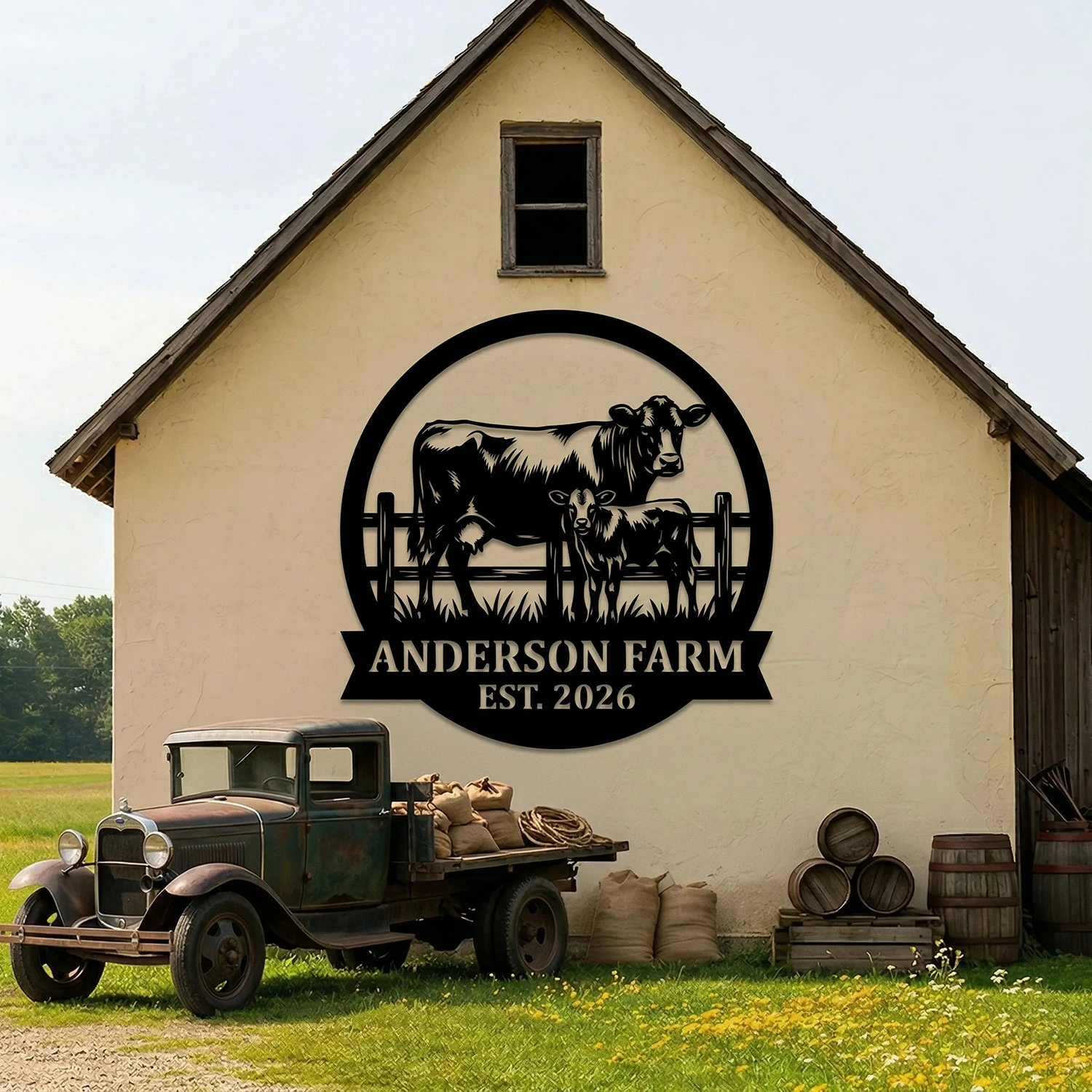 Custom Cow Calf Metal Sign, Personalized Ranch Name Farm Decor, Laser Cut Cattle Barn Sign, Farmhouse Wall Art
