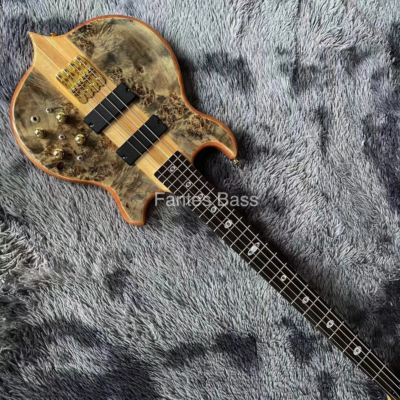 Custom Fantes Bass Alemb style 4 Strings Neck Thru Body Electric Guitar Bass Factory Burst Maple Top 9V Active Pickup