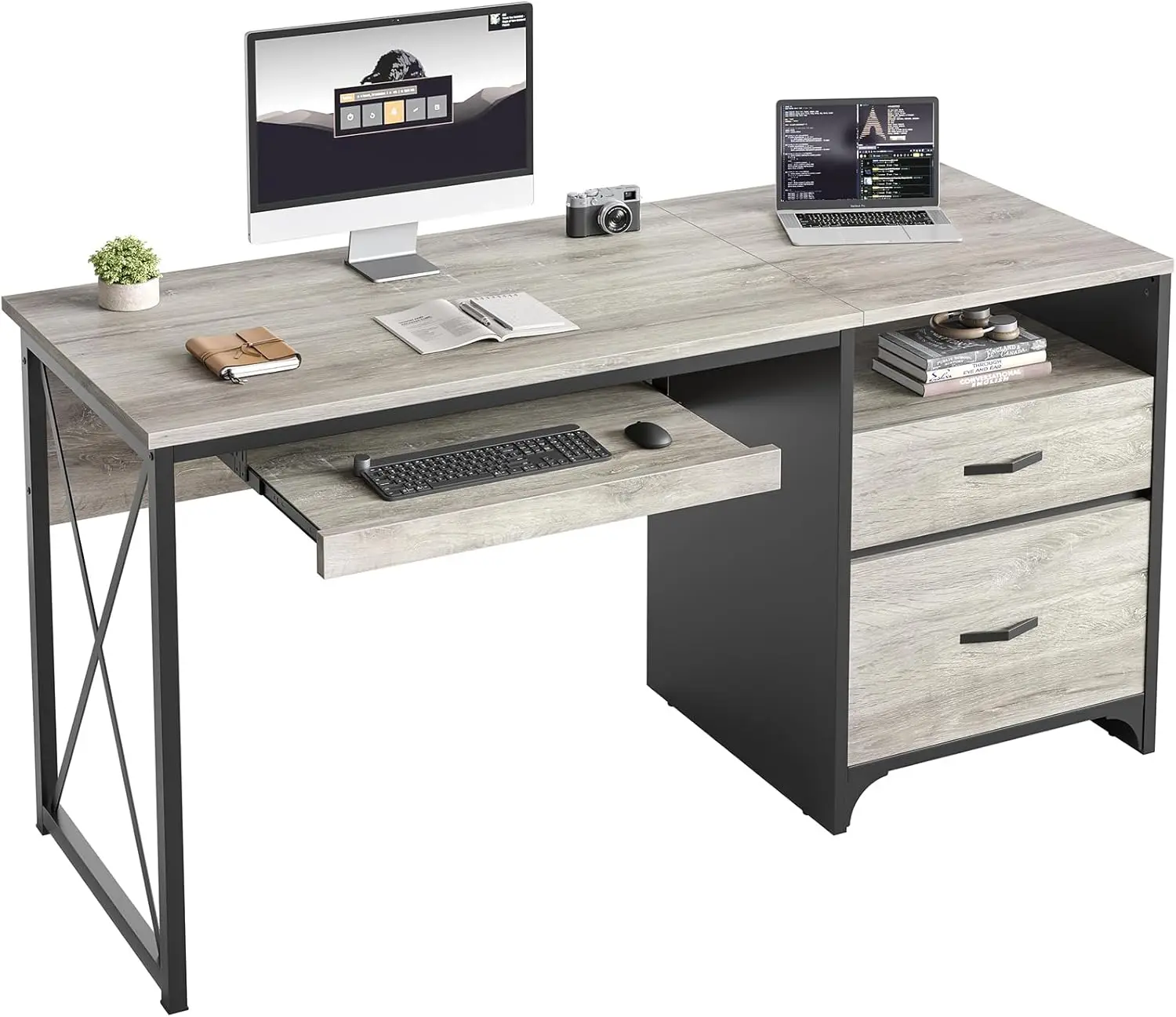 Bestier Office Desk with Drawers, 55 inch Industrial Computer Desk with Storage, Wood Teacher Desk with Keyboard Tray & File