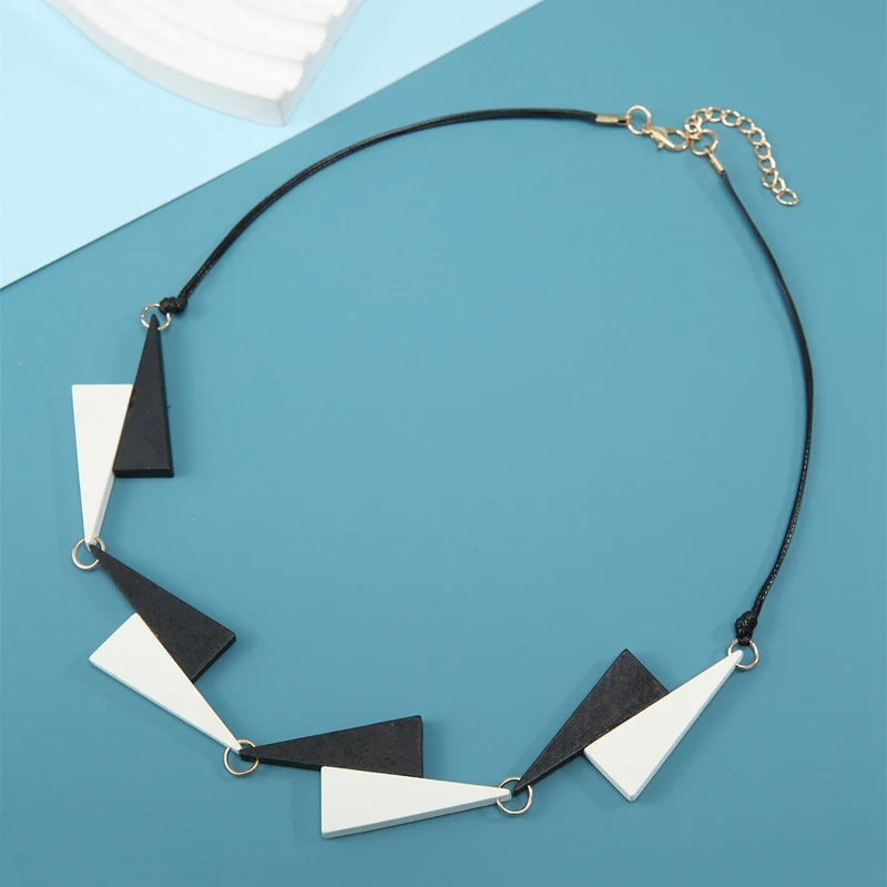 Minimalist Geometric Wood Pendant Necklace for Women Rope Chain Statement Bib Necklaces