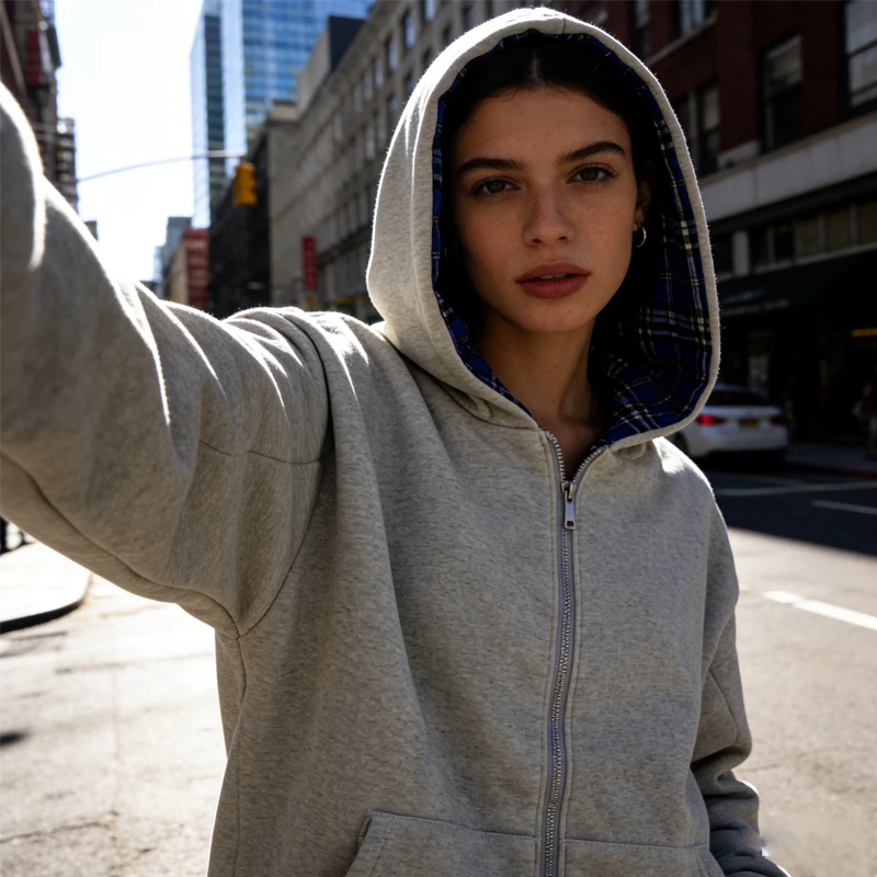 

Women's Cozy Heather Plaid Reversible Zip Hoodie Long Sleeve Casual Sweatshirt Daily Wear Winter Jacket with Front Pocket Soft