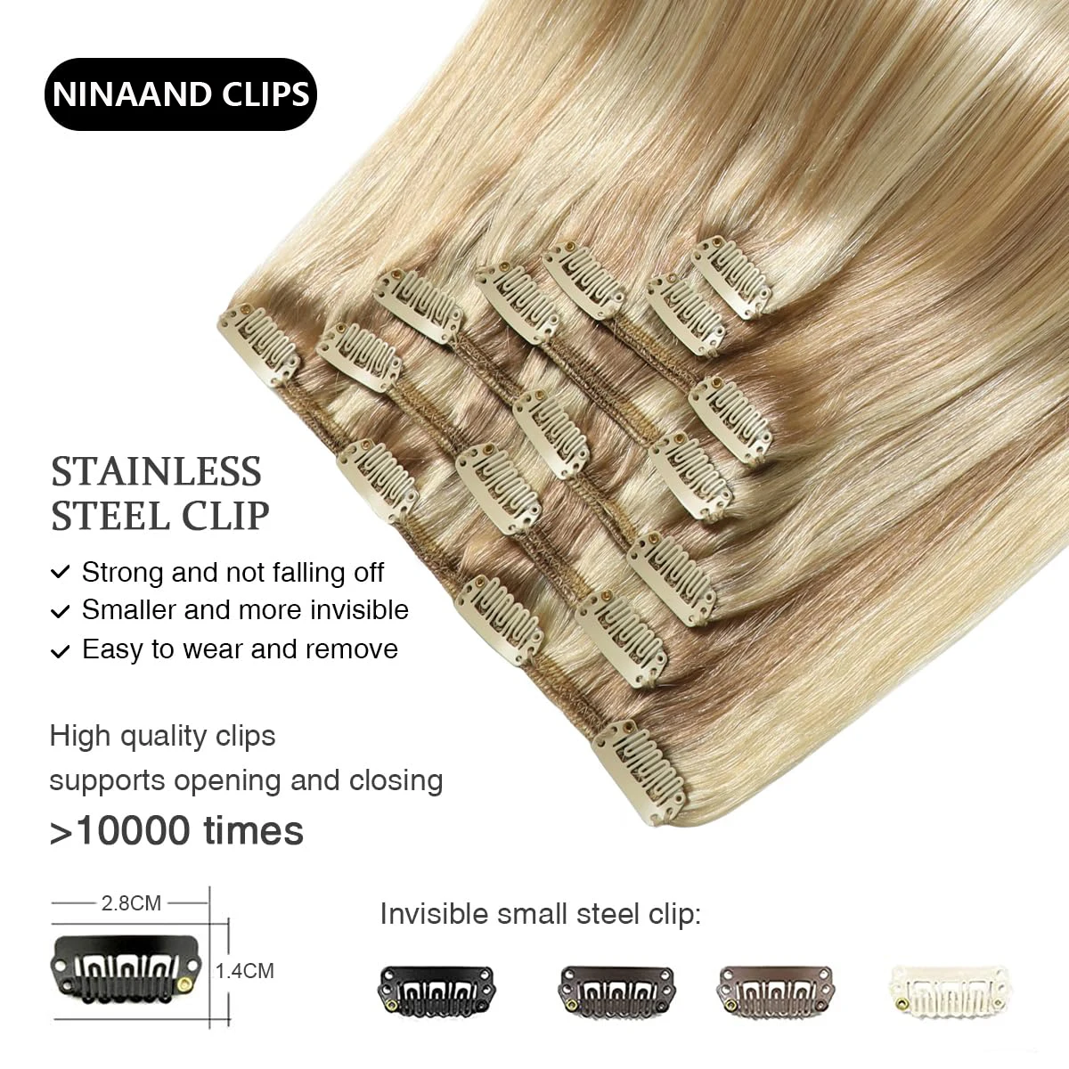 Ninaand-Remy Clip em extensões de cabelo, cabelo humano real, seda dupla trama, cinza loira, 120g, 7pcs