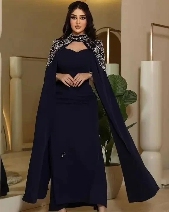 

A-line Formal Occasion Dress O-neck Black Beadings Cape Sleeves Evening Party Dresses Elegant Saudi Arabic Prom Gowns Exquisite