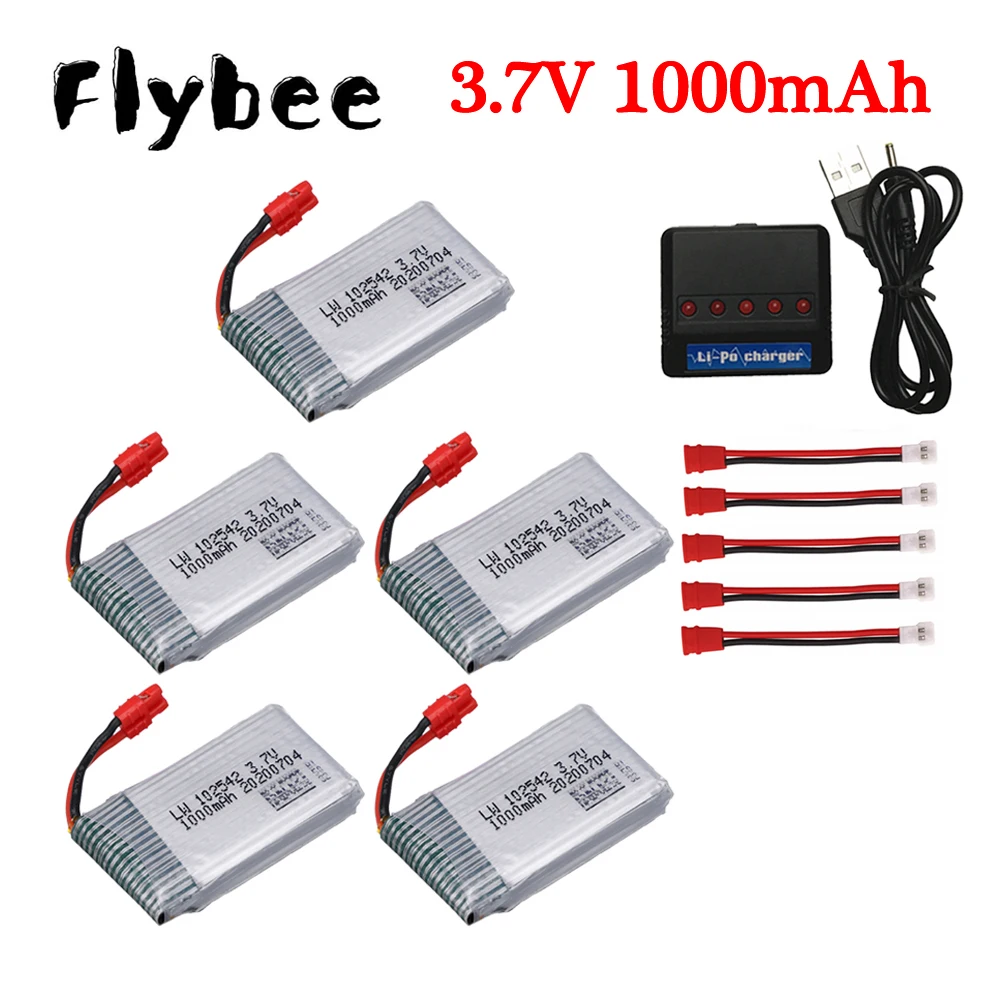 3.7V 1000mAh 25c Lipo Battery and (5 in 1) Charger for Syma X5 X5HC X5HW X5UW X5UC Drone Battery RC Quadcopter Spare Parts