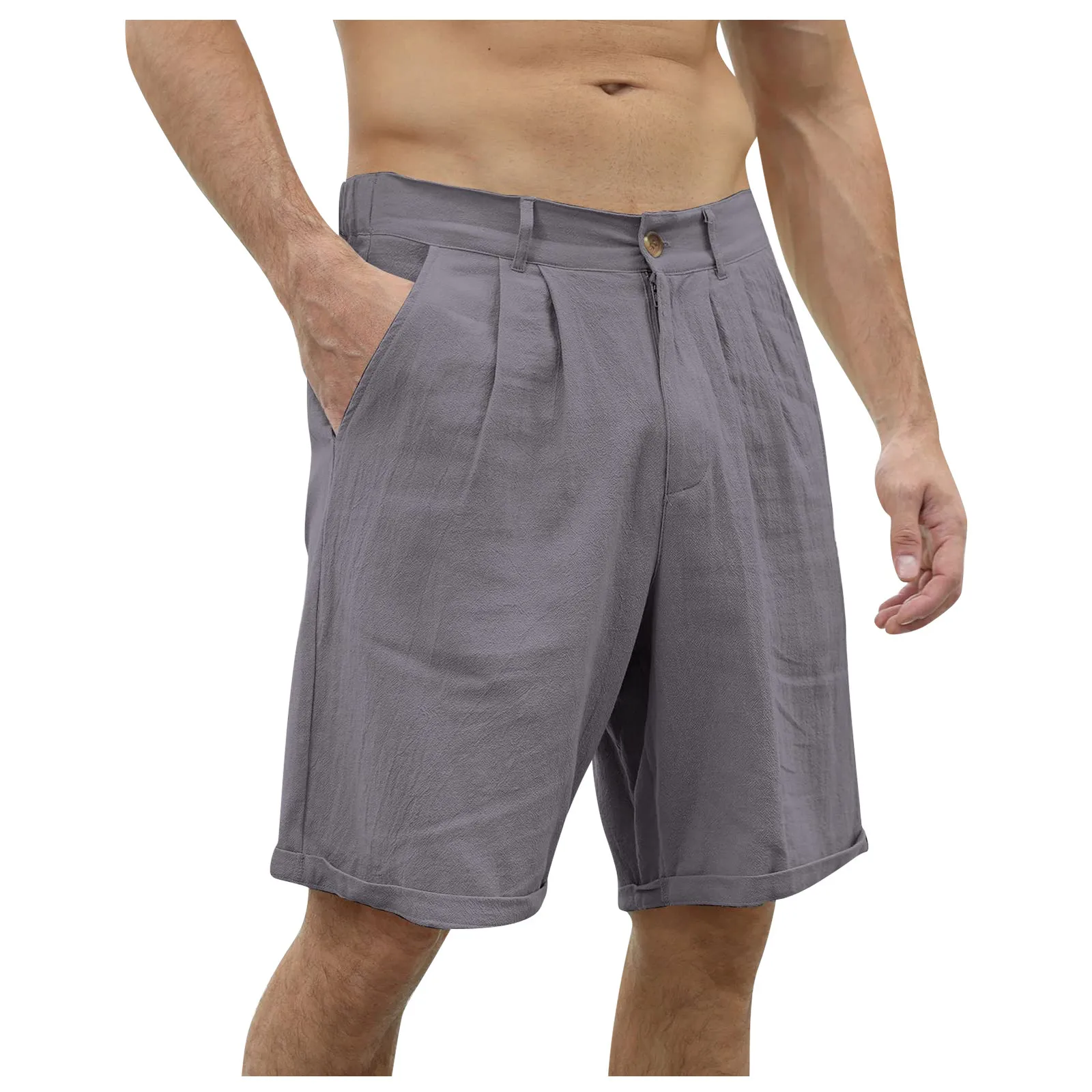 Mens Solid Linen Casual Beach Shorts Cotton Classic Summer Shorts Buttons Elastic Waist Quick Dry Fashion Surfing Swim Trunks