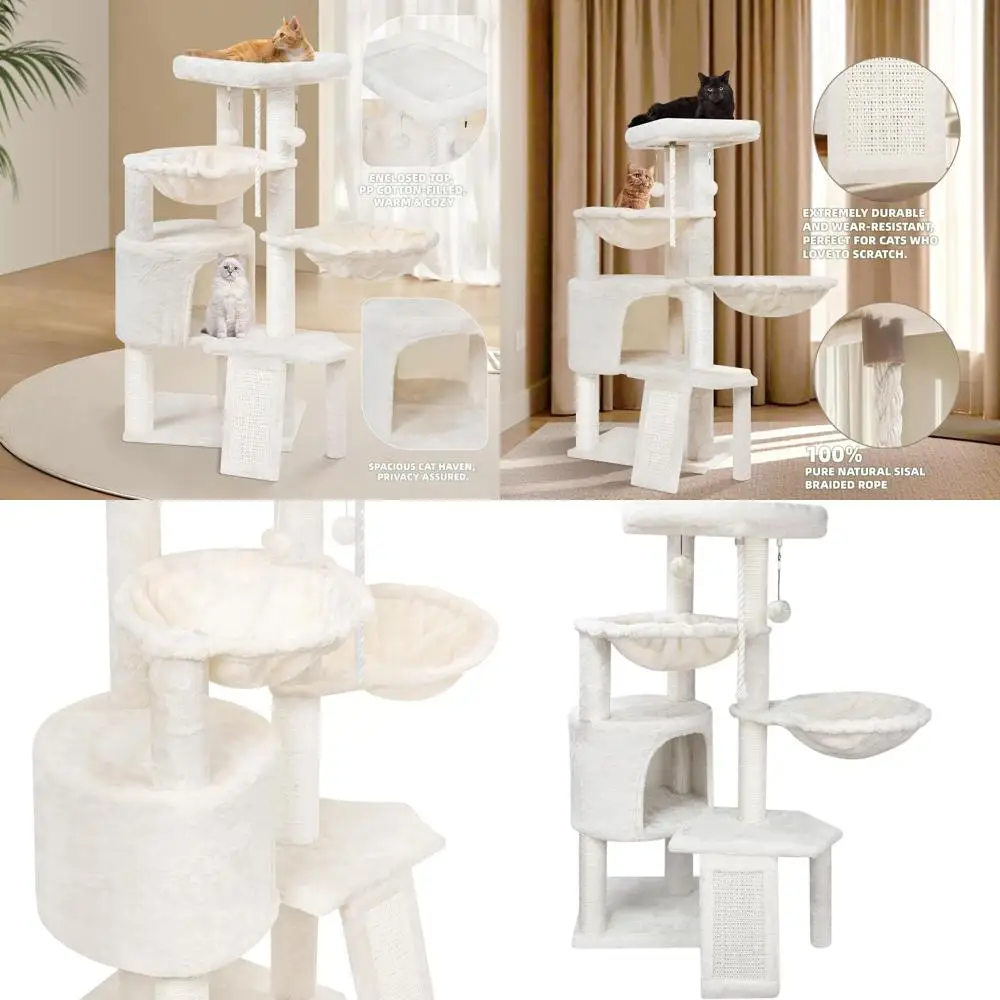 

Бежевое трехуровневое кошачье дерево с презервативом, когтеточкой и двумя гамаками