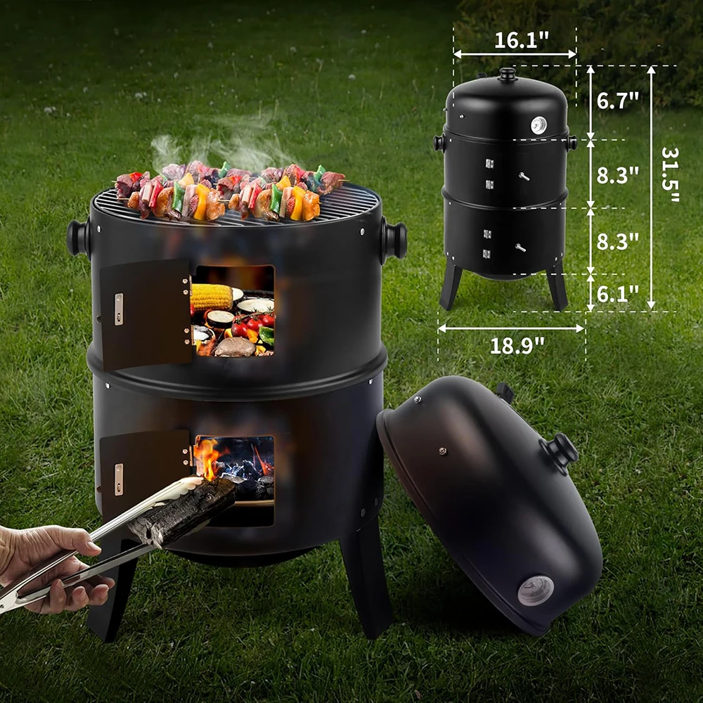 

Backyard Meat Smoker Outdoor Cooking 40cm 15inch 3 Layers Steel Vertical Barrel Smoker BBQ Charcoal Grill