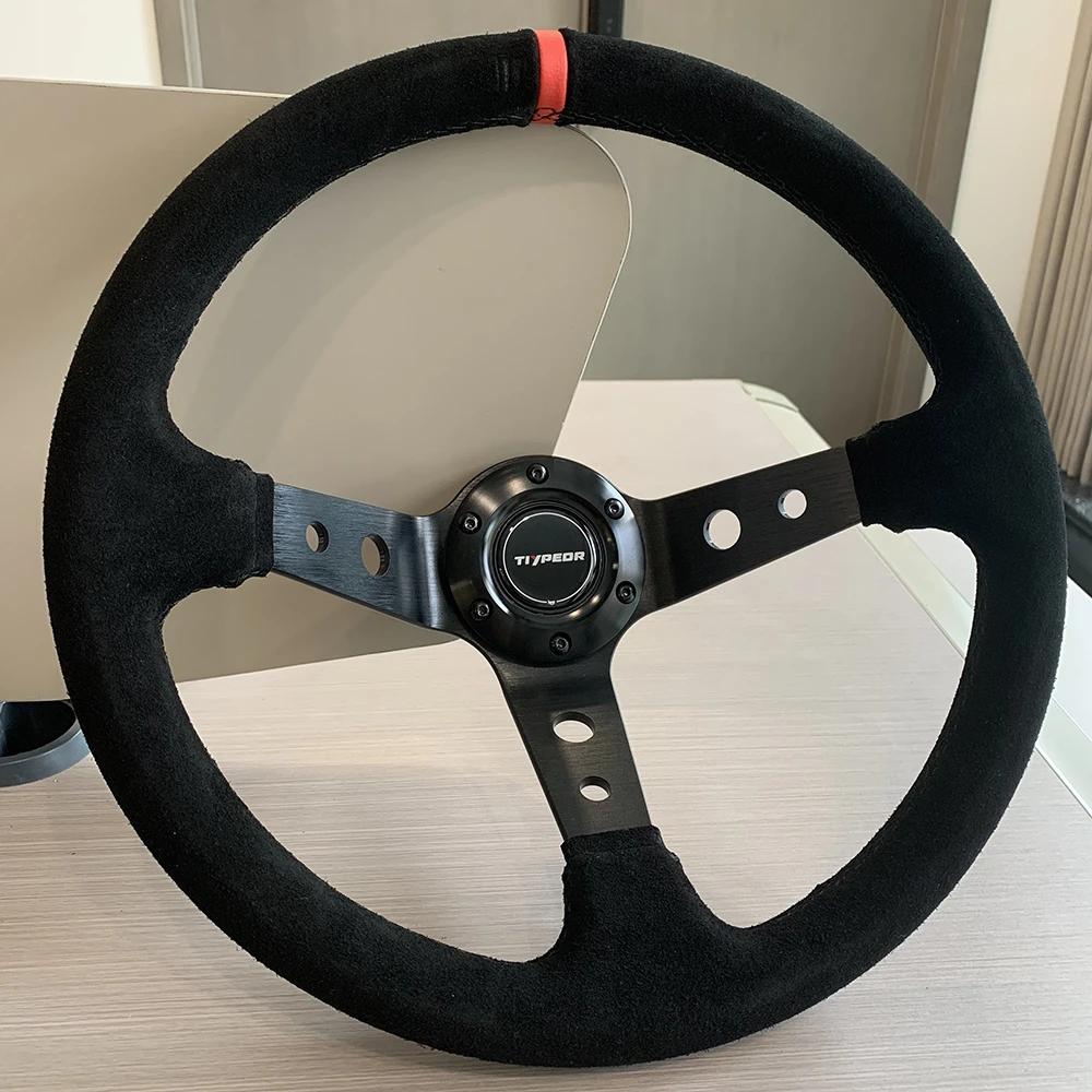

TIYPEOR JDM 14inch 350mm Black Leather Sport Steering Wheel Suede 3 Spokes Quick Release Racing Steering Wheel