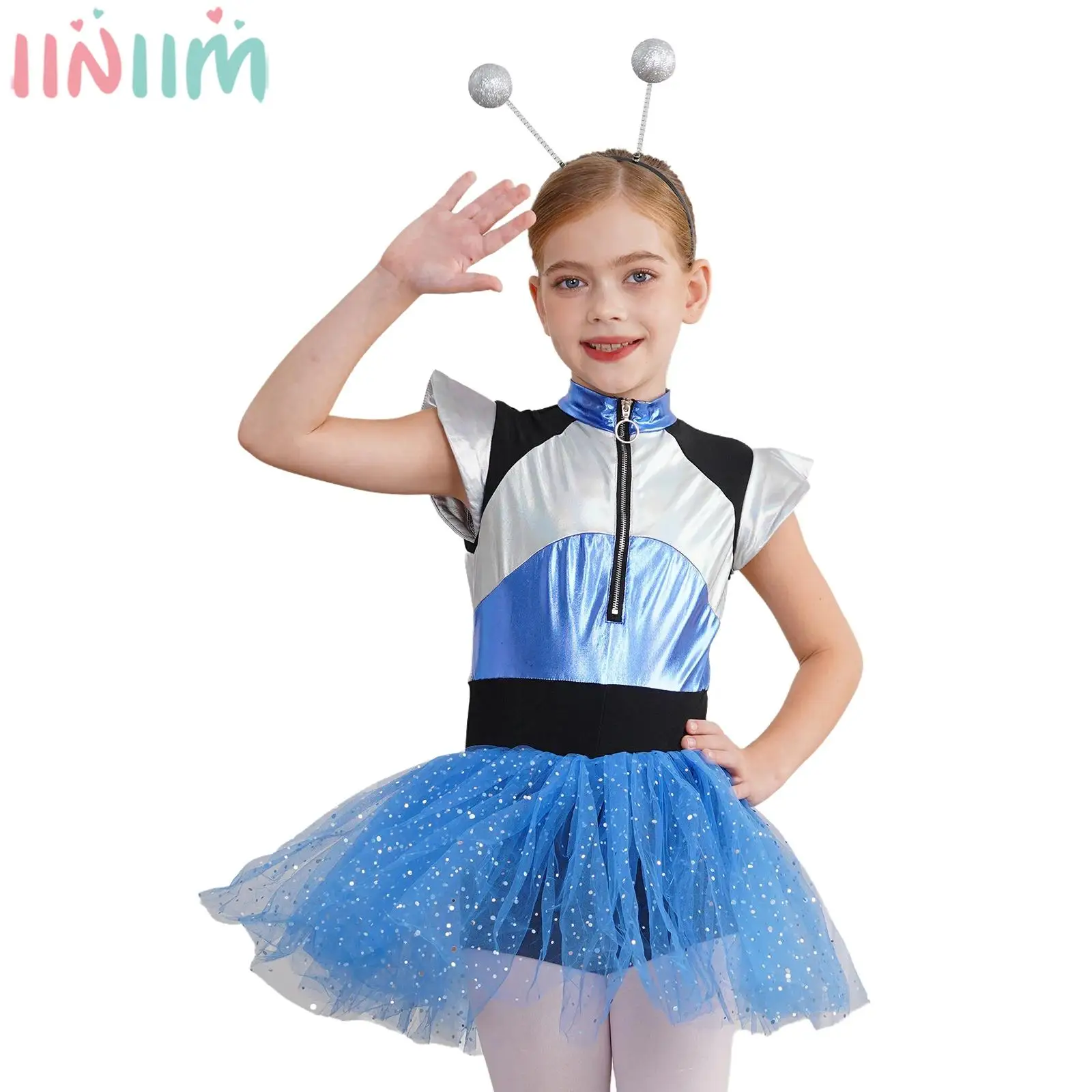 Girls Alien Cosplay Costume Cheerleading Dance Performance Dress Short Sleeve Shiny Leotard Tutu for Halloween Carnival Party