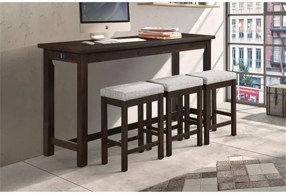 4-Piece Counter Height Table With 3 Stools, Wood Kitchen Counter Table Set With 2 Built-in USB Ports, 2 Charging A/C Power