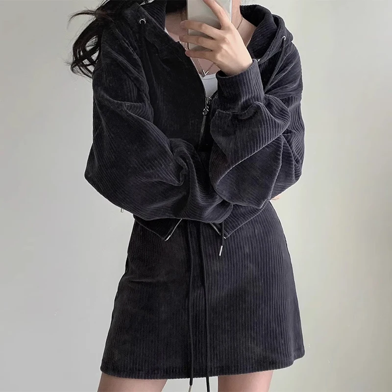 South korea Chic Autumn Simple Temperament Loose Casual Hood Corduroy Outerwear + High Waist Skirt Two-piece Set