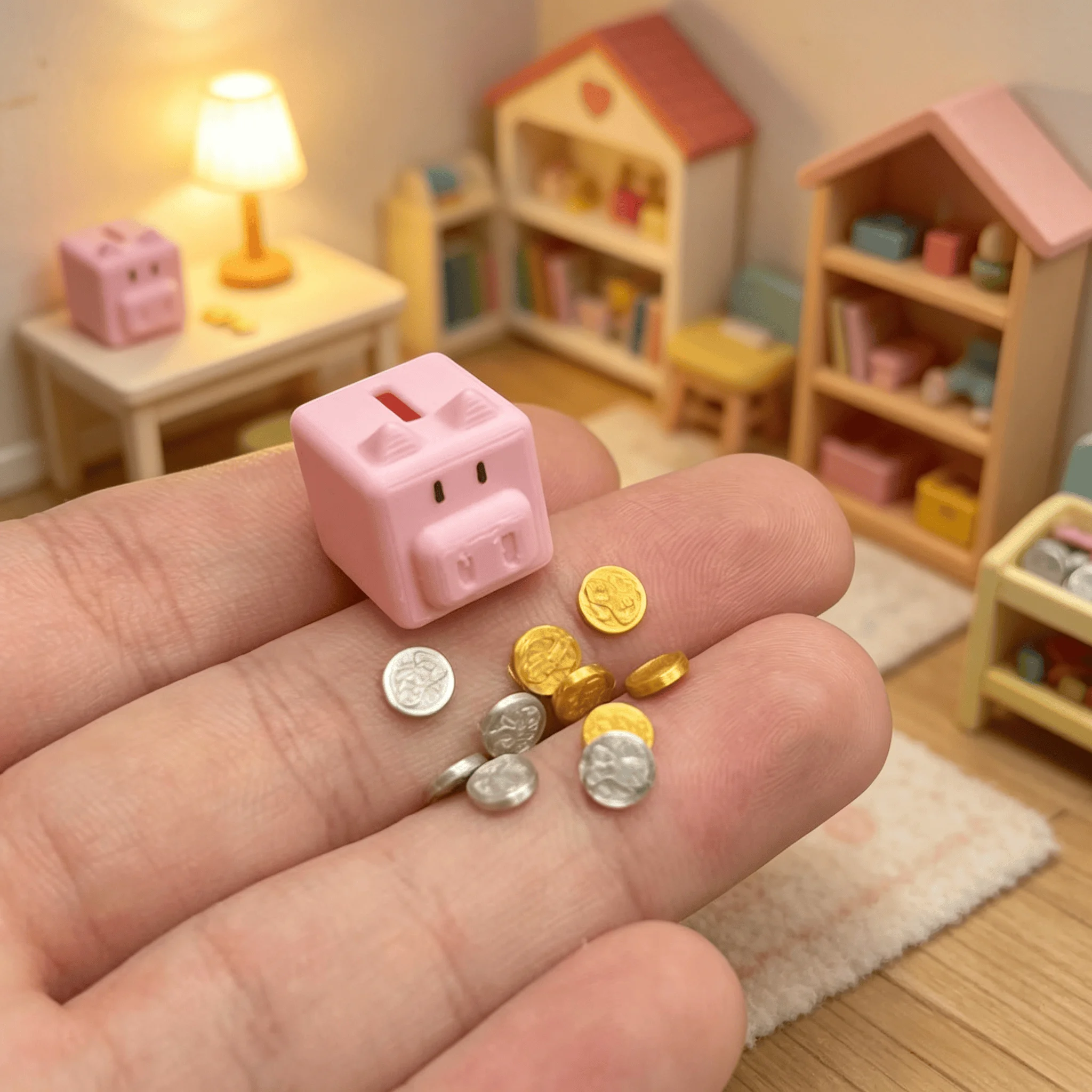 1/12 Miniatur Quadratische Spardose mit Gold- und Silbermünzen Puppenhaus-Ornament Modell-Szenen-Requisite – Detail 2