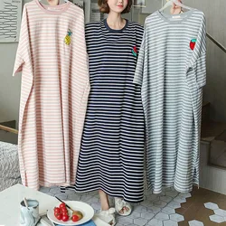 Summer Pajama Dress Female Short-Sleeved Cartoon Homewear Lengthened Plus Size Striped Student Pajamas Easy To Wash Long Clothes