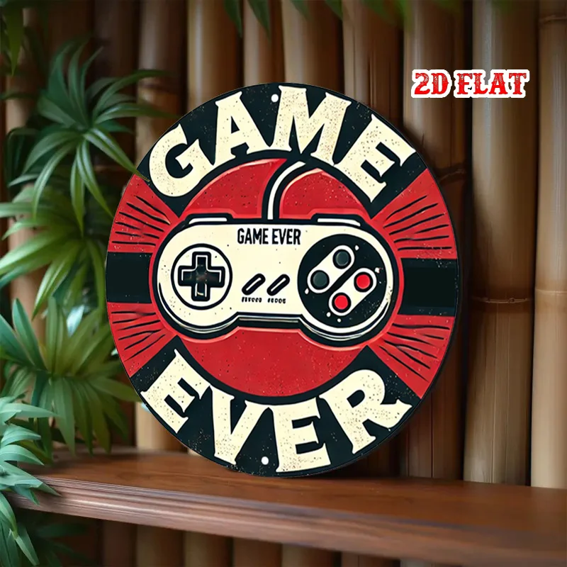 2D Flat 1pc Retro Gaming Round Aluminum Sign, Controller Design Metal Sign - Game Ever Rustic Metal Wall Art, Fun Vibes view 4
