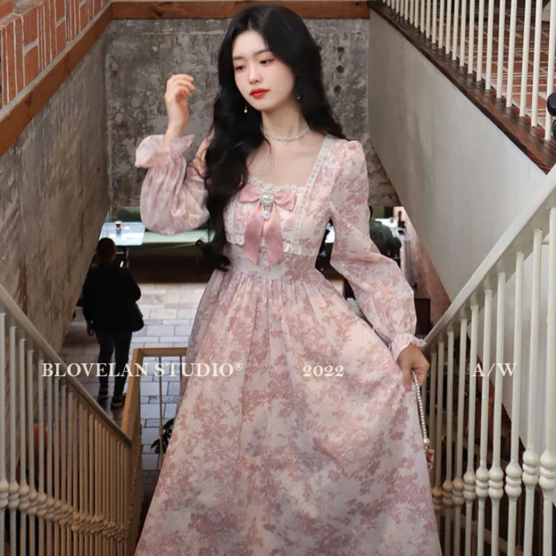 French Elegant Princess Evening Party Midi Dresses for Women Autumn Slim Bandage Long Sleeve Vestidos Korean Spring Clothes