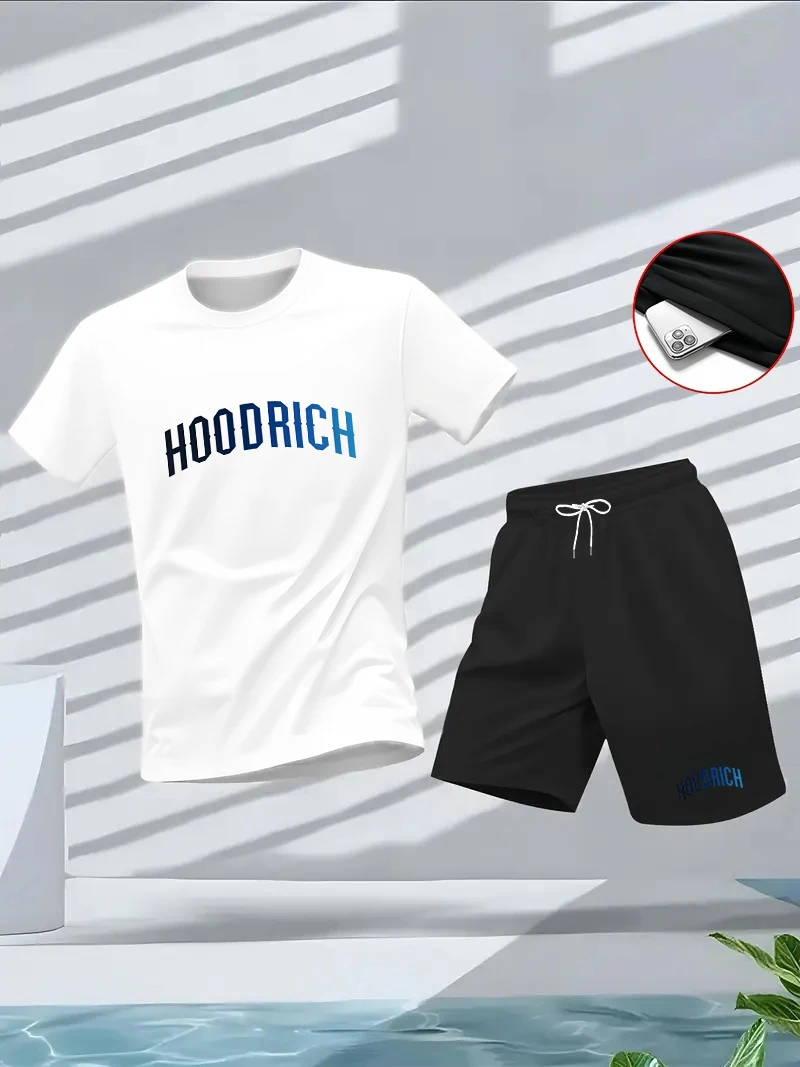 

Men's summer fitness sportswear set: Round-neck short-sleeved T-shirt, five-inch shorts, slimming, fashionable, casual fitness s