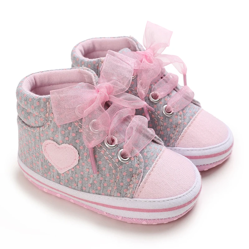 0-18M Best-selling Toddler Girls Canvas Shoes Heart Bow Decor Lace-up Casual Soft Cotton Newborn Infant Walking Shoes