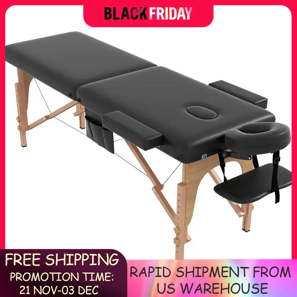 Massage Table Portable,2 Section Foldable Tattoo Bed  Height Adjustable Wooden Frame with Accessories Carrying Bag, Massage Bed