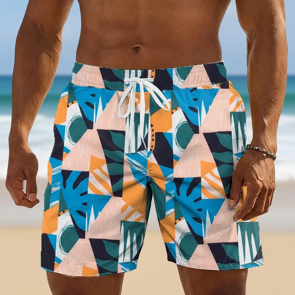 Men's Geometric Color Block Print Drawstring Shorts, Casual Loose Swim Trunks for Spring Summer Beach & Vacation Wear