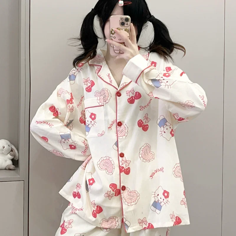 

Пижамы Sanrio, весенние повседневные и удобные костюмы-двойки, одежда для дома Hello Kitty, домашняя одежда Sanrio, пижамы с героями мультфильмов «Hello Kitty»