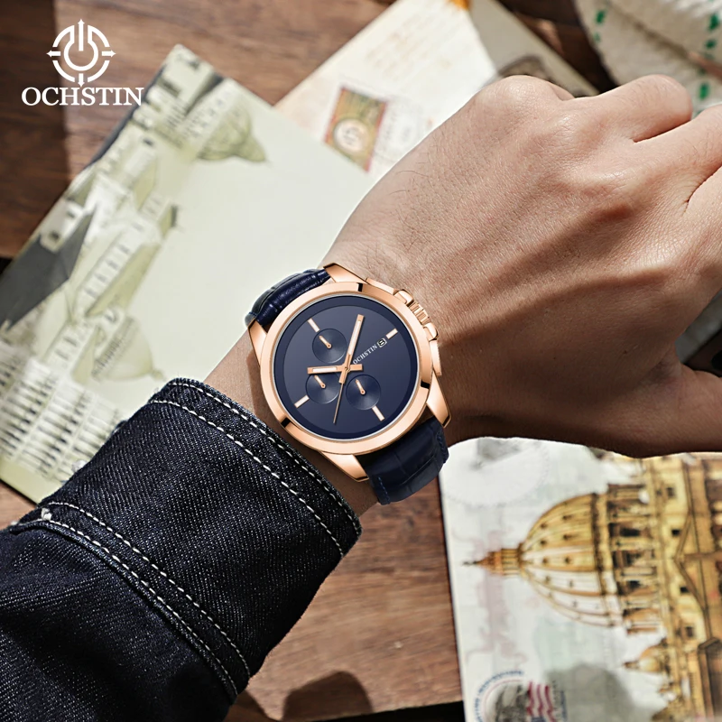 OCHSTIN Prominente Series Men's Watch Sport Quartz Watch Men's Waterproof Chronograph Multi-functional Leather Watch Luxury