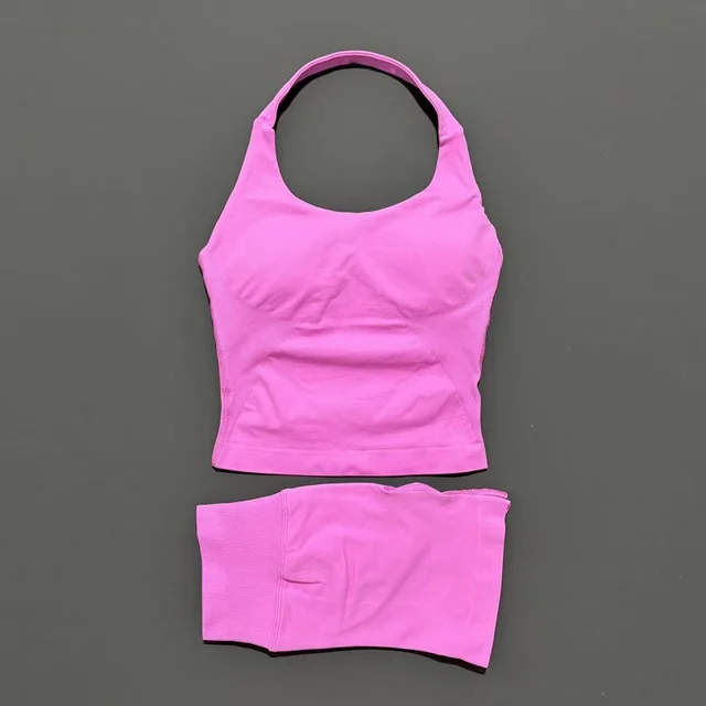 Conjunto de Yoga Feminino de 2 Peças: Top Halter Sem Costura e Shorts de Cintura Alta para Academia e Fitness