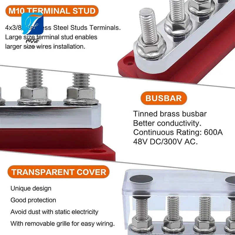 

A55F-600A Шина шины 4-зубчатая (3/8 дюйма) М10 Сильноточная медная шина клеммная колодка морской DC 12 В 24 В 48 В с крышкой