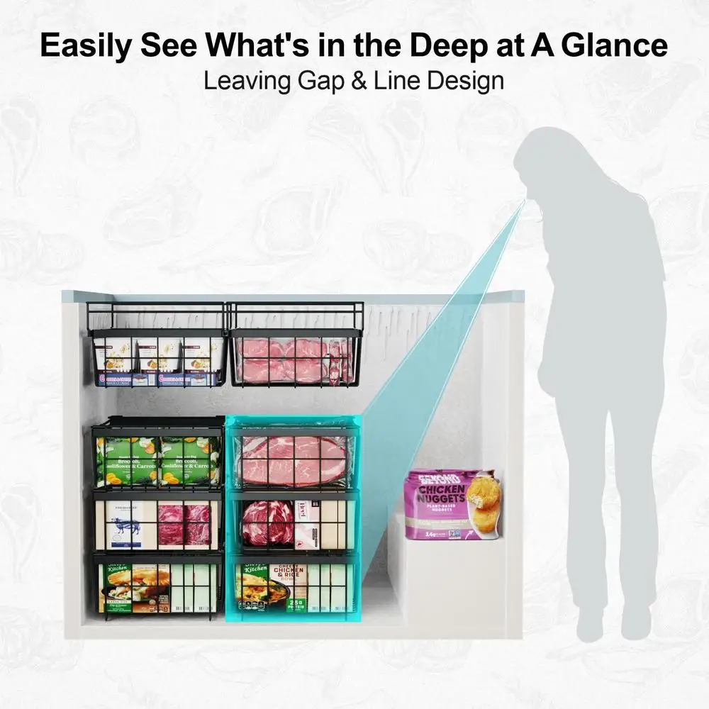 Large Adjustable Hanging Baskets Stackable Metal Freezer Organizer Bins 3 Pack Fit 17.7-23.2 Inch Chest Freezer Orderly Sort