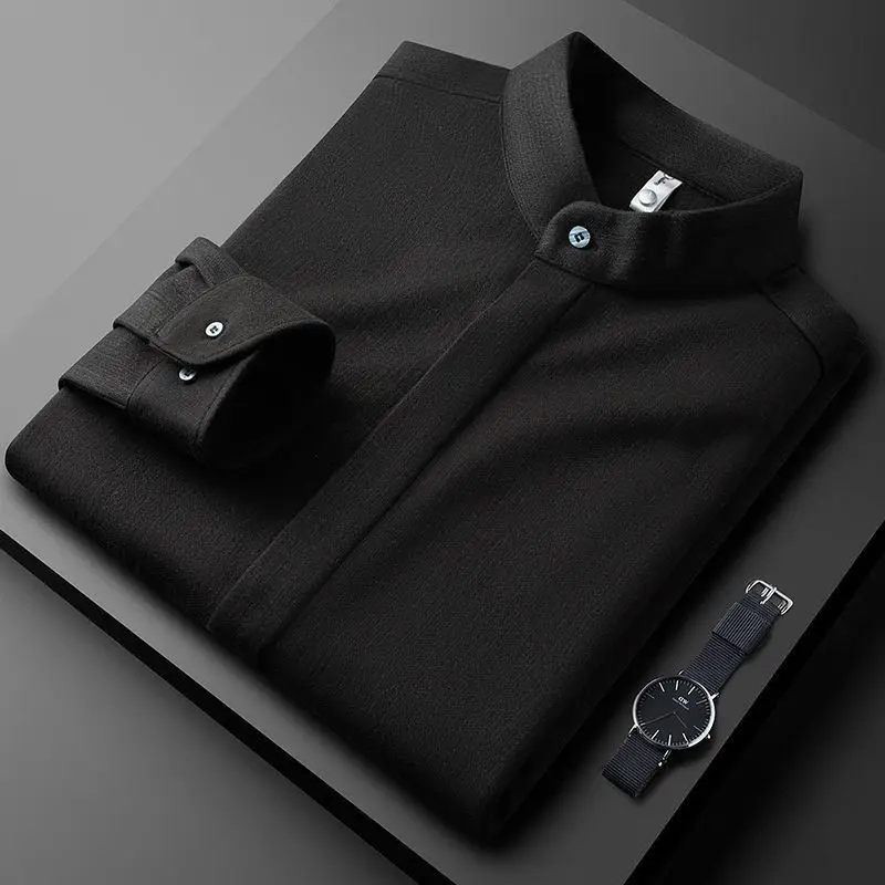 Men Stand Collar Solid Button Business Slim Long Sleeve Shirt Smart Casual Spring Autumn New M217