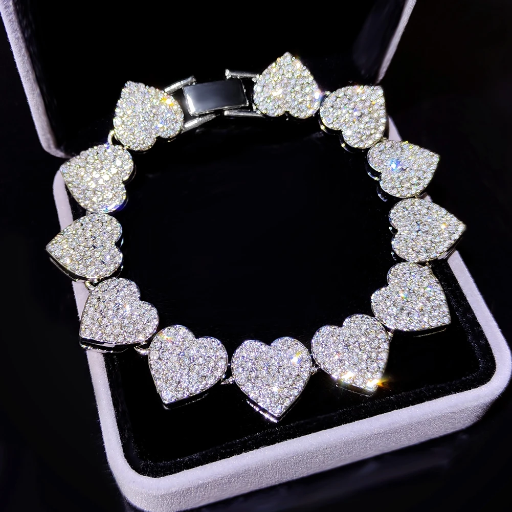 Hip Hop Full Crystal Heart Tennis Chain Bracelets for Men Women Bling Square Rhinestone Cuban Link Chain Bracelet Luxury Jewelry