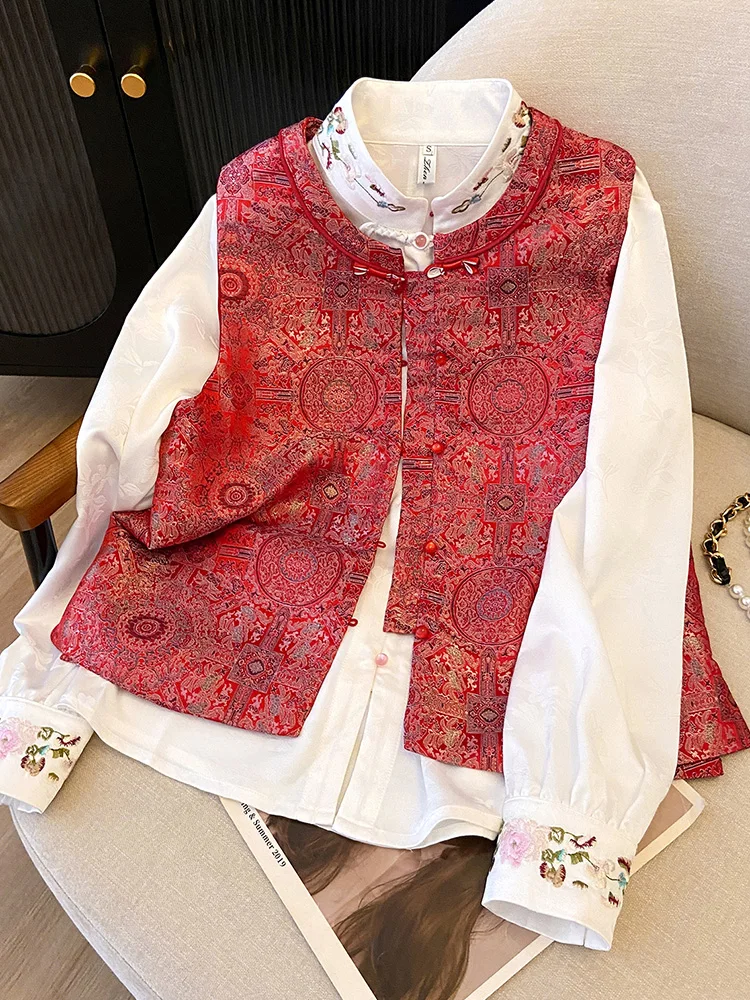 

New Chinese Sle Embroidered Button up Women's Vest irt Two-Piece Set Spring National Sle Layered Wear Heavy Embroidery ...