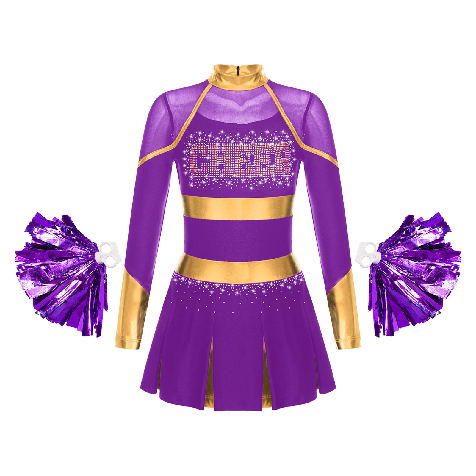 Kinder Mädchen Cheerleading Uniform Cheerleader Tanzkostüm Glitzernde Strasssteine Metallic Plissee Kleid mit 2 Stück Handblumen – Detail 11