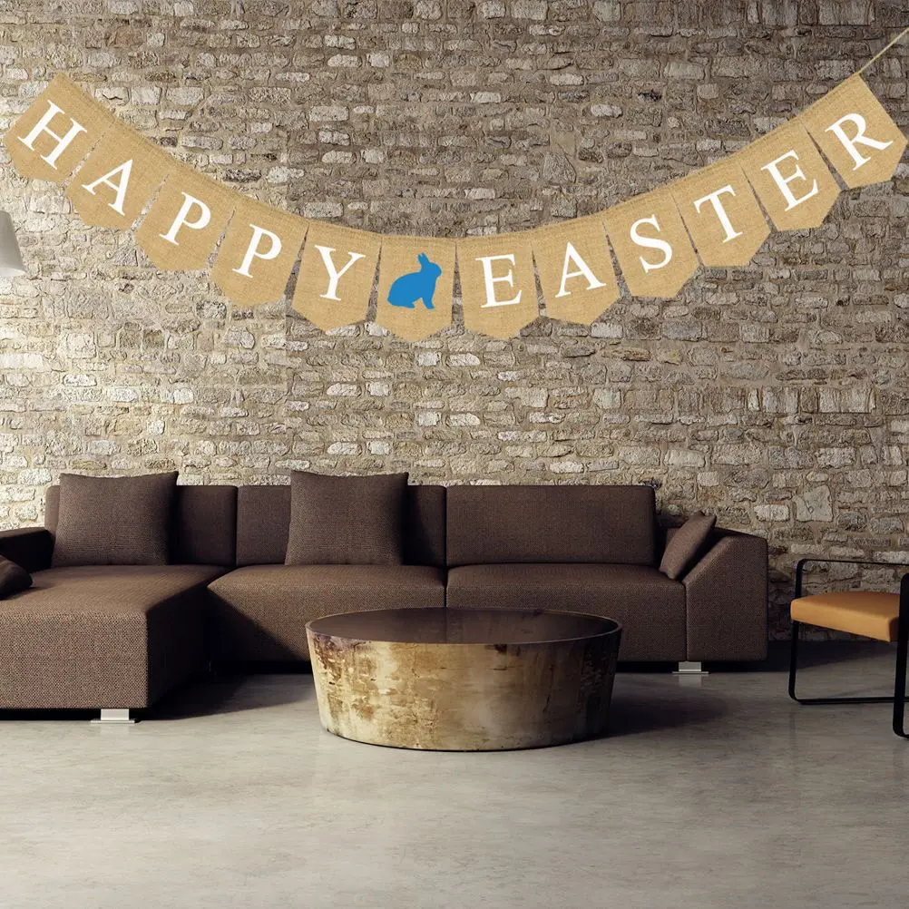 

Blue Happy Easter Bunny Banner Jute Non-Woven Fabric Bunting Swallowtail Party Decor Pull Flag Happy Easter Banner