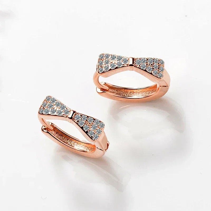 Classic Bowknot Hoop Earrings Bright Micro Crystal Copper Charm Rose tone Round Circle Ear Piercing Fashion Jewelry For Women